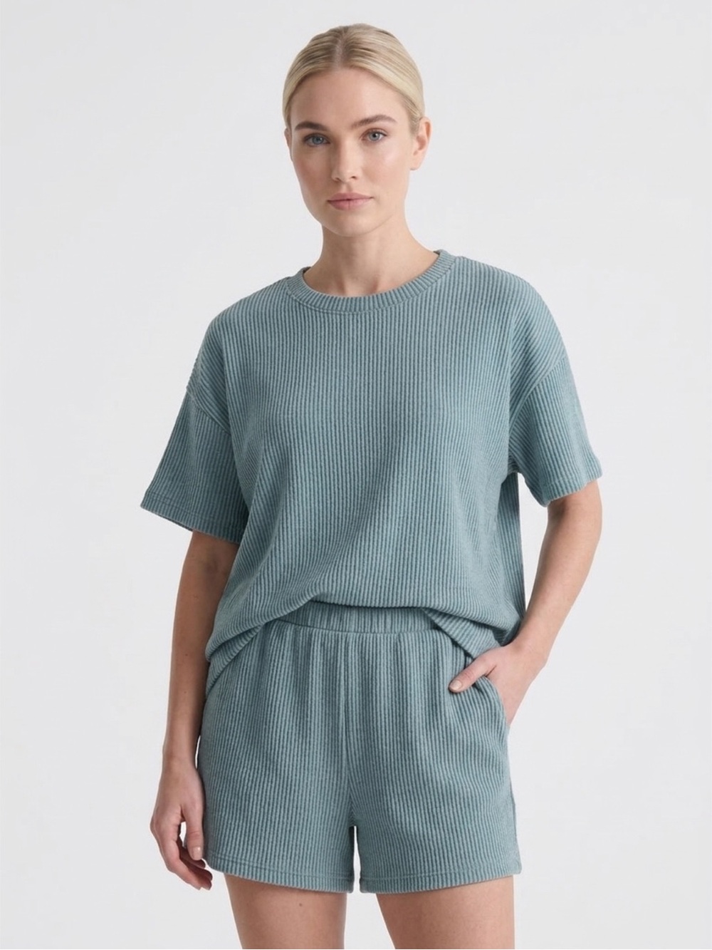 Zenana NWOT Sage Waffle Knit Lounge Set | Oversized Top & Shorts | M